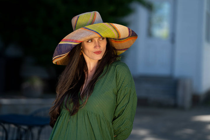 Monica 5" & 7" Wide Brim Stripe Packable Straw Sun Hats