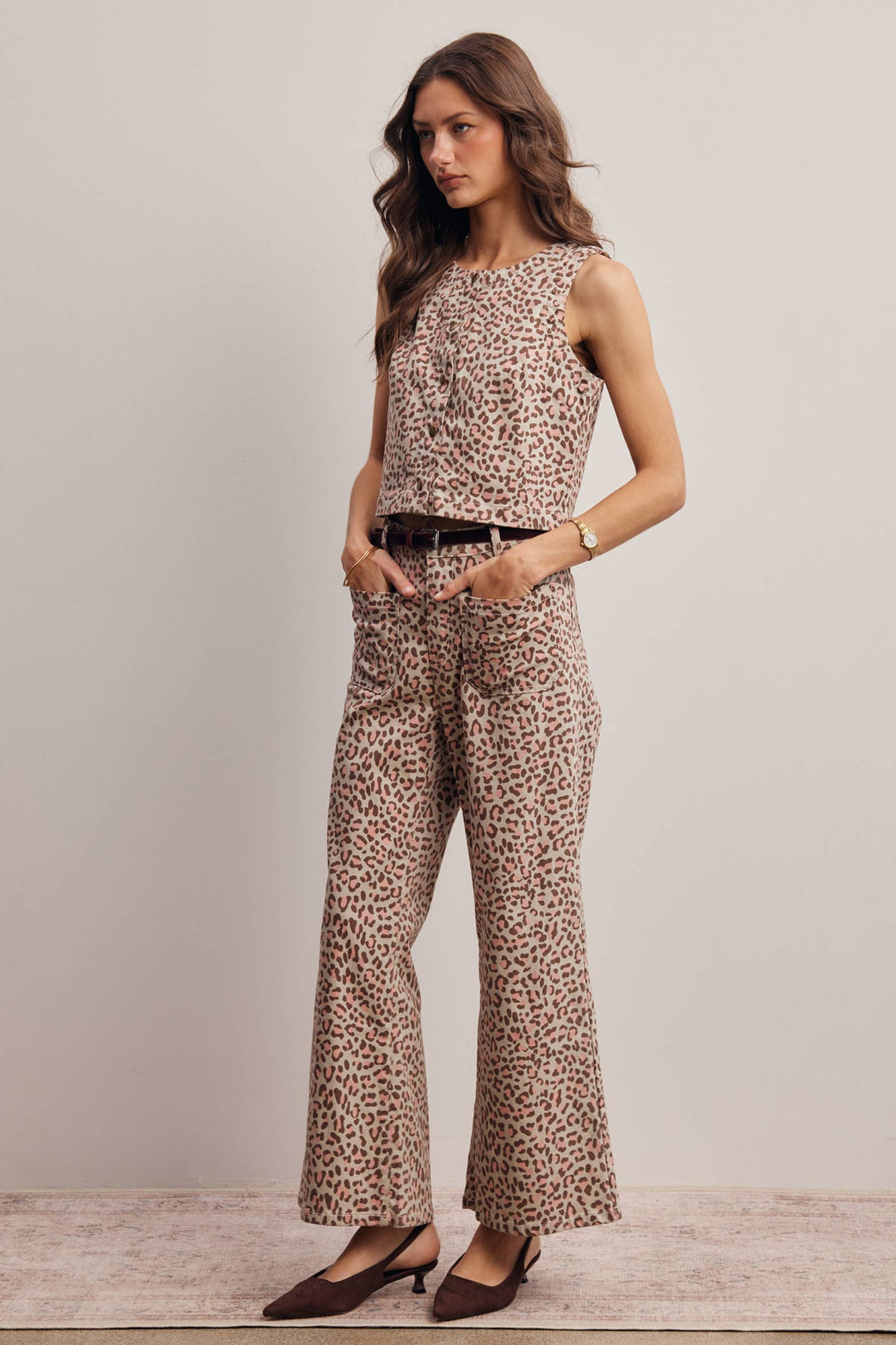 Stretch Leopard Print Denim Pants and Vest Set