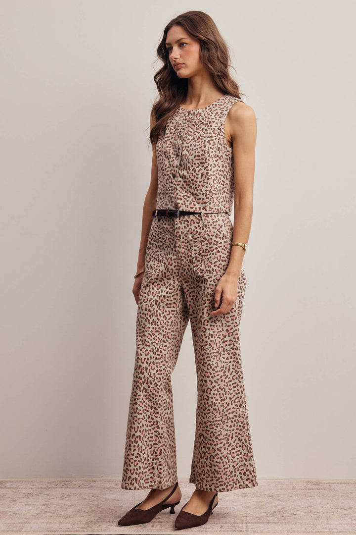 Stretch Leopard Print Denim Pants and Vest Set