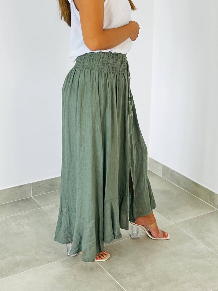 BUTTON LINEN SKIRT, 100% LINEN ELASTIC WAIST