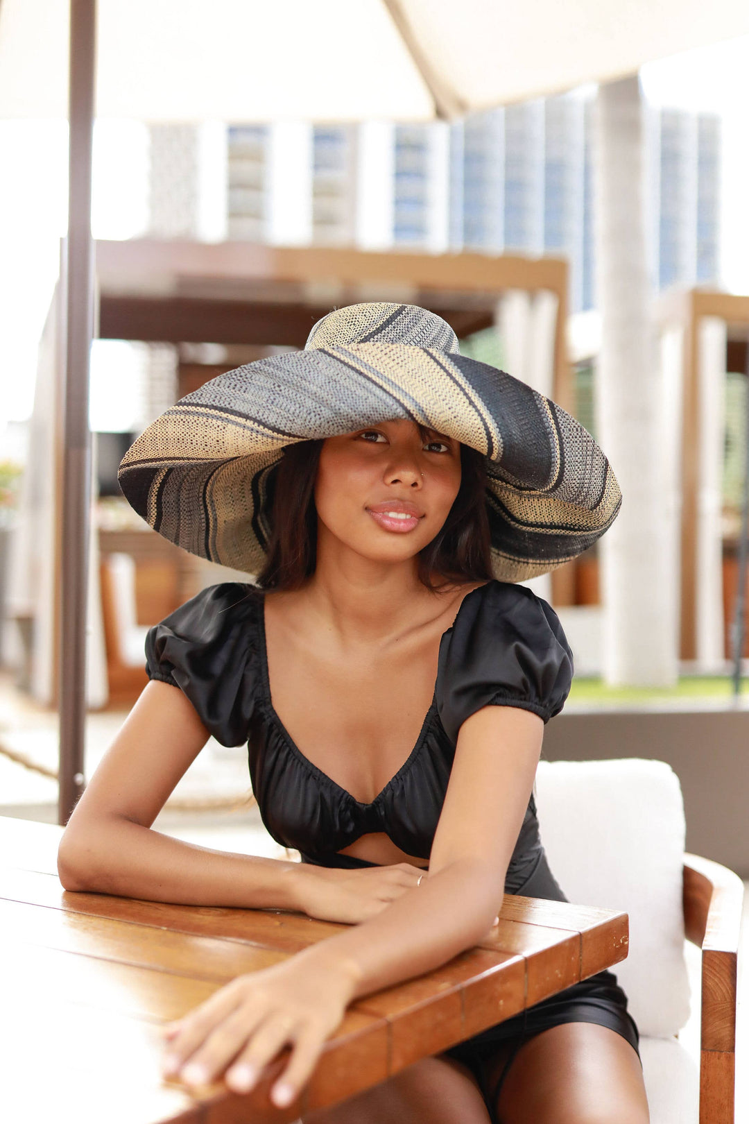 Monica 5" & 7" Wide Brim Stripe Packable Straw Sun Hats