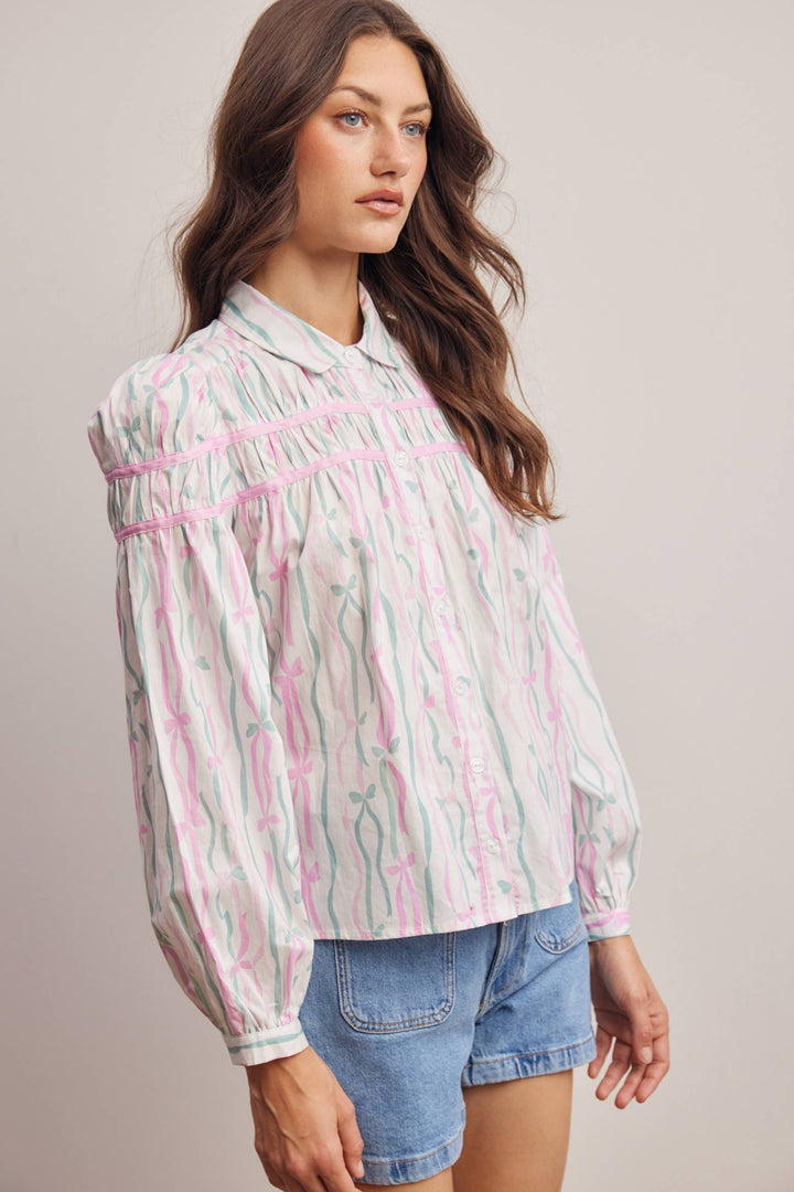 Ribbon Stripe Puff Sleeve Blouse