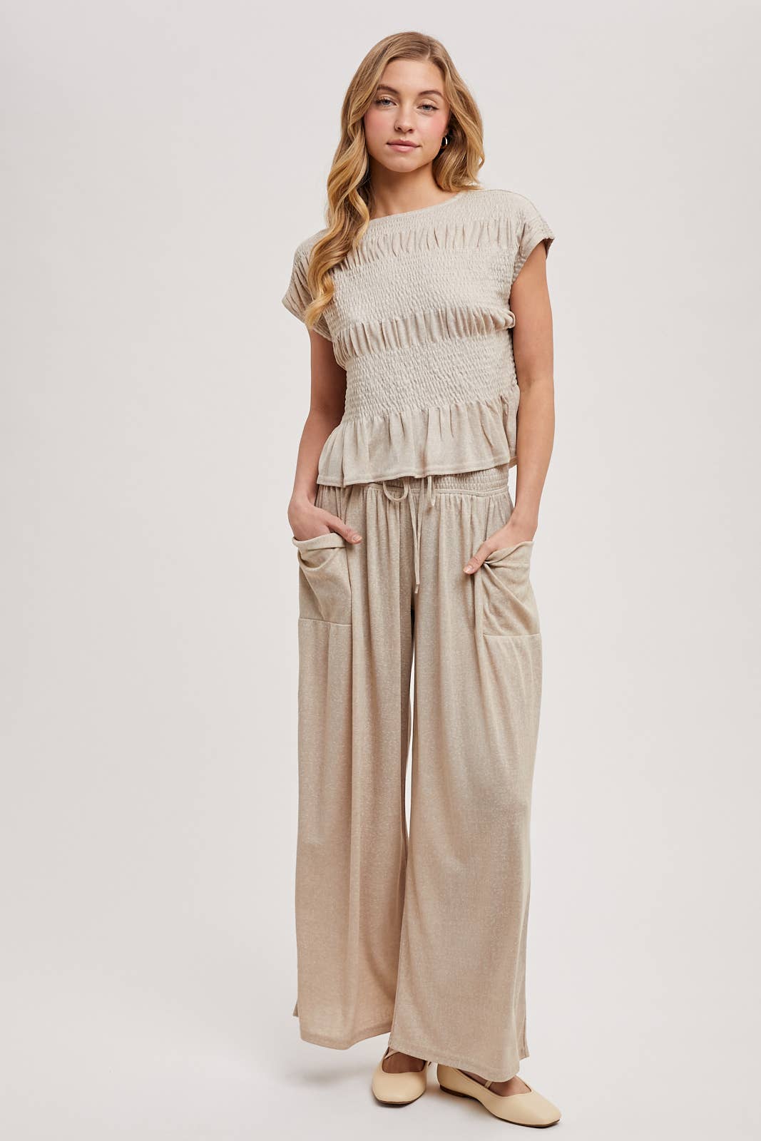 RELAXED KNIT SMOCKED TOP AND WIDE PANTS SET