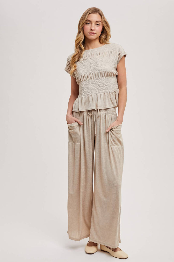 RELAXED KNIT SMOCKED TOP AND WIDE PANTS SET