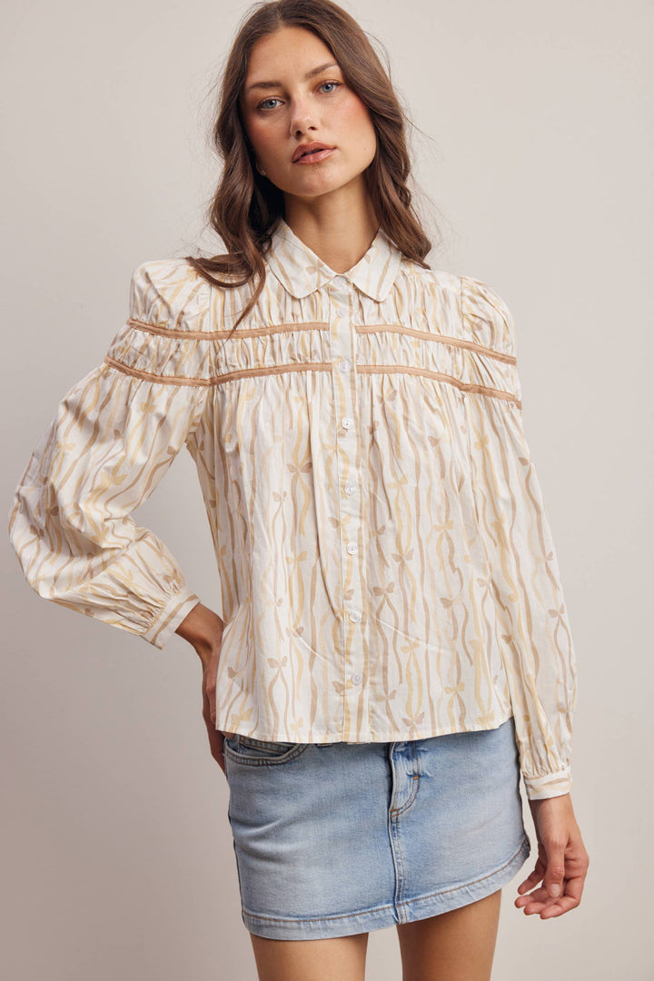Ribbon Stripe Puff Sleeve Blouse
