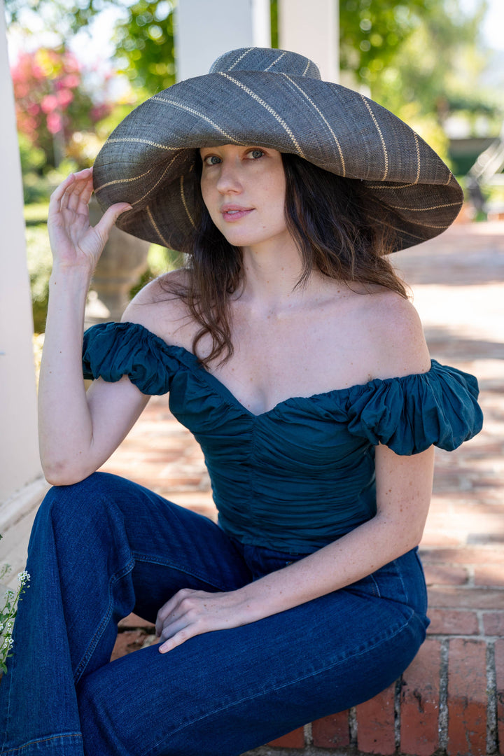 Monica 5" & 7" Wide Brim Pinstripe Packable Straw Sun Hats