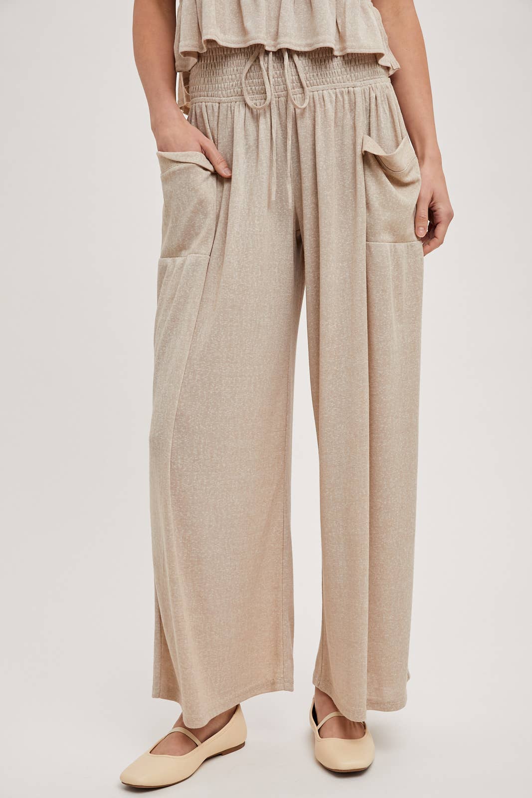 RELAXED KNIT SMOCKED TOP AND WIDE PANTS SET